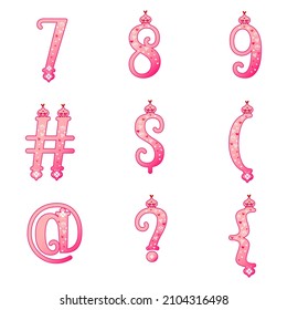 Light pink gradient number set. Isolated 123 digits. Cute baby pink numbers collection. Valentines day symbols vector. Love birds and heart patterns. Illustration for wedding birthday anniversary.