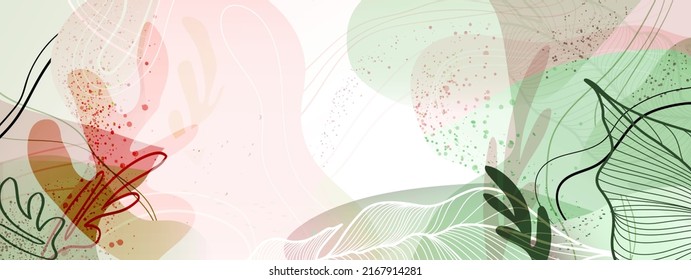 Light Pink And Green Background In Soothing Colors With Tropical Leaves, Lines And Abstract Shapes. Vector Illustration For Text, Banners, Wallpapers, Background, Sales, Discounts, Promotions, Etc.