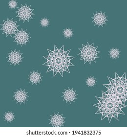 Light Pink Green New Year Turquoise Dark Ornament. Emerald Pastel Sharp Christmas Wallpaper. Winter Snowflakes Cold Print Stars Sky Wallpaper. Luxury Chaotic White Night Mandala Background.