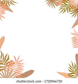 Light pink, green and orange tropical leaves on white isolated background. Floral exotic frame. Suitable for card, invitation, wedding, banner.