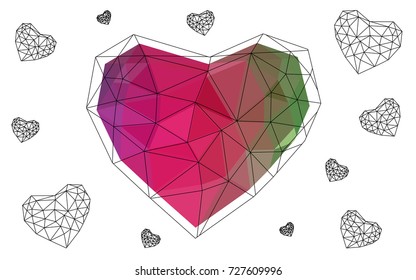 Light Pink, Green vector abstract Triangle Geometrical Heart on white polygonal background. Happy Valentine's Day Greeting Card. Stock template for your design.