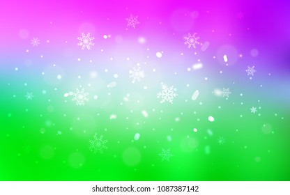 Light Pink, Green vector background with xmas snowflakes. Decorative shining illustration with snow on abstract template. The template can be used as a new year background.