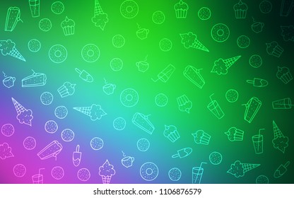 Light Pink, Green vector background with tasty sweets. Decorative shining illustration with sweets on abstract template. Template of children's food in cafe.