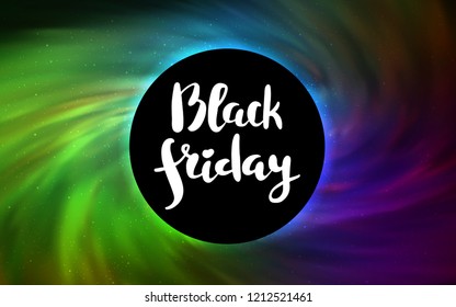 Light Pink, Green vector background with a black hole, sky. Illustration with colorful milky way stars and a black hole. Backdrop for ads, leaflets of Black Friday.