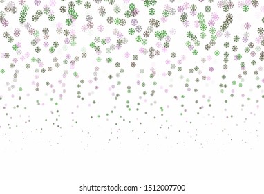 Light Pink, Green vector background with xmas snowflakes. Shining colorful illustration with snow on abstract template. Template for a new year background.