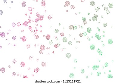 Light Pink, Green vector background with tasty food. Colorful decorative design of snacks in doodle style. Pattern for ads of breakfast, lunch, dinner.