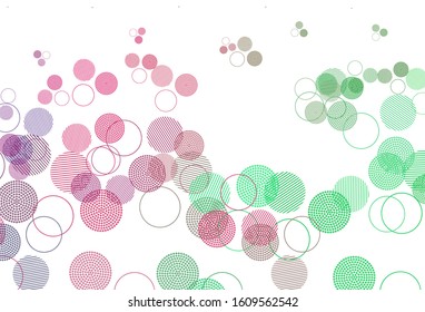 Light Pink, Green vector background with bubbles. Glitter abstract illustration with blurred drops of rain. Pattern for futuristic ad, booklets.