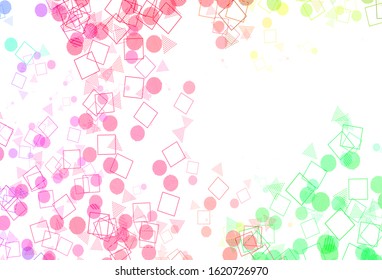 Light Pink, Green vector background with triangles, circles, cubes. Decorative design in abstract style with lines, dots, cubes. Pattern for booklets, leaflets