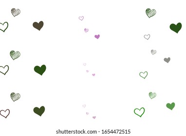 Light Pink, Green vector background with Shining hearts. Beautiful colored illustration with hearts in celebration style. Pattern for marriage gifts, congratulations.