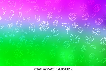 Light Pink, Green vector background with tasty food. Illustration with set of fresh food in doodle style. Pattern for ad, booklets, leaflets of restaurants.