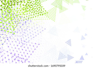 Color rosa claro, fondo vectorial verde con estilo poligonal con círculos. Ilustración con un conjunto de círculos coloridos, triángulos. Plan para folletos y folletos