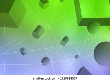 Light Pink, Green vector background with 3D cubes, cylinders, spheres, rectangles. Abstract background with gradient geometric pattern. Modern template for landing page.