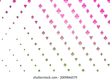 Light Pink, Green vector background with cards signs. Colorful gradient with signs of hearts, spades, clubs, diamonds. Pattern for ads of parties, events in Vegas.