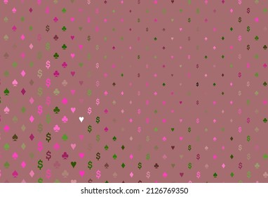 Light pink, green vector background with cards signs. Colored illustration with hearts, spades, clubs, diamonds. Smart design for your business advert of casinos.