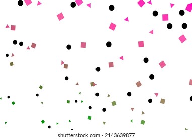 Rosa claro, fondo vectorial verde con triángulos, círculos, cubos. Ilustración abstracta brillante con esferas, cuadrados, líneas. Diseño inteligente para su anuncio comercial.