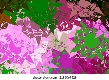 Rosa claro, fondo vectorial verde con triángulos. Ilustración abstracta sobresaliente con una gama de triángulos coloridos. Plantilla para comerciales.