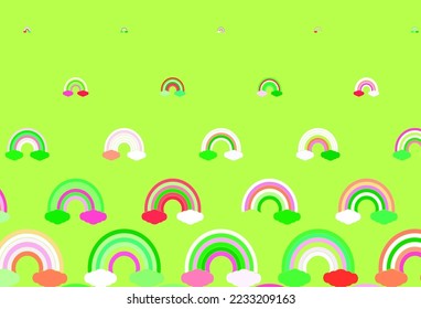 Rosa claro, fondo vectorial verde con símbolos arcoiris. Diseño colorido en estilo de amor abstracto con formas de arcoiris. Diseño para eventos de soporte.