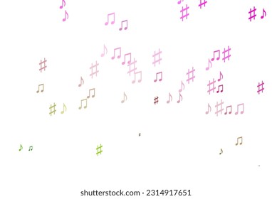 Pink claro, fondo vectorial verde con símbolos musicales. Ilustración brillante de notas musicales de gradiente colorido. Diseño moderno para tapices.