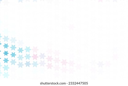Rosa claro, fondo vectorial verde con copos de nieve navideños, estrellas. Ilustración abstracta geométrica moderna con copos de nieve. Diseño de Año Nuevo para anuncio de negocios.