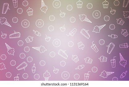 Light Pink, Green vector cover with set of confections. Blurred decorative design of desserts in doodle style. Pattern for ads of breakfast, lunch, dinner.