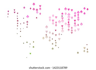 Light Pink, Green vector cover with symbols of gamble. Colorful gradient with signs of hearts, spades, clubs, diamonds. Design for ad, poster, banner of gambling websites.
