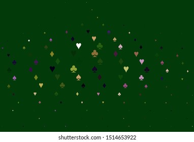 Light Pink, Green vector cover with symbols of gamble. Colored illustration with hearts, spades, clubs, diamonds. Pattern for ads of parties, events in Vegas.