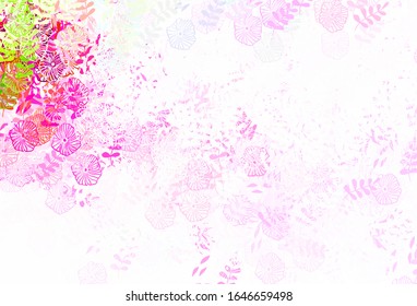 Light Pink, Green vector doodle texture with leaves, flowers. Glitter abstract illustration with leaves and flowers. Hand painted design for web, wrapping.