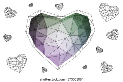 Light Pink, Green vector greeting Card Happy Valentine's Day. Lettering with hearts on the white polygonal background. Colored triangular illustration for your business.