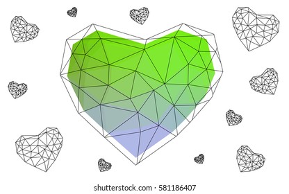 Light Pink, Green vector greeting Card Happy Valentine's Day. Lettering with hearts on the white polygonal background. Colored triangular illustration for your business.