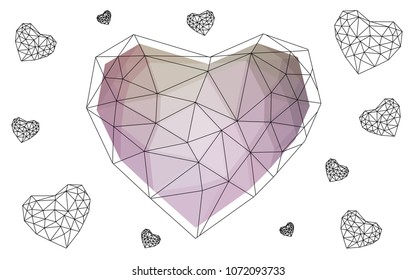 Light Pink, Green vector heart isolated on white background. Geometric rumpled triangular low poly origami style gradient graphic illustration. Polygonal design for your business.