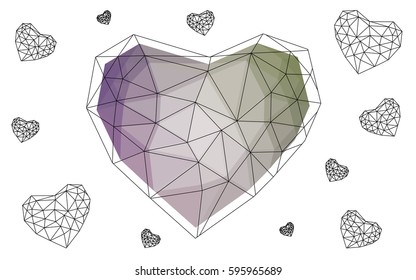 Light Pink, Green vector heart isolated on white background. Geometric rumpled triangular low poly origami style gradient graphic illustration. Polygonal design for your business.