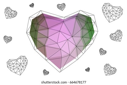 Light Pink, Green vector heart isolated on white background. Geometric rumpled triangular low poly origami style gradient graphic illustration. Polygonal design for your business.
