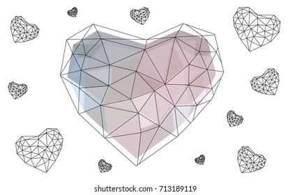 Light Pink, Green vector heart isolated on white background. Geometric rumpled triangular low poly origami style gradient graphic illustration. Polygonal design for your business.