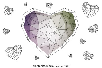 Light Pink, Green vector heart isolated on white background. Geometric rumpled triangular low poly origami style gradient graphic illustration. Polygonal design for your business.