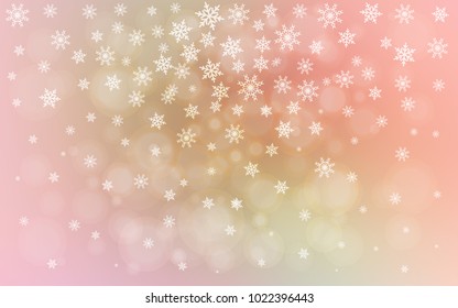 Light Pink, Green vector layout with bright snowflakes. Blurred decorative design in xmas style with snow. The pattern can be used for new year ad, booklets.