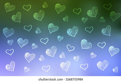 Light Pink, Green vector layout with sweet hearts. Glitter abstract illustration with colorful hearts in romantic style. Pattern for marriage gifts, congratulations.
