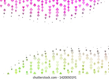 Light Pink, Green vector layout with elements of cards. Shining illustration with hearts, spades, clubs, diamonds. Template for business cards of casinos.