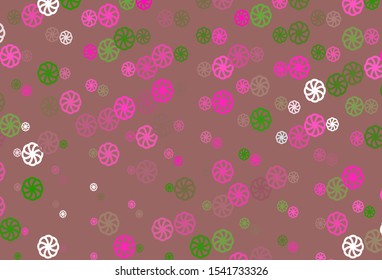 Light Pink, Green vector layout with bright snowflakes. Snow on blurred abstract background with gradient. The template can be used as a new year background.