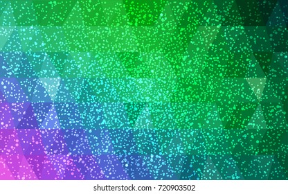 Light Pink, Green vector low poly crystal background with snowflakes. Polygon christmas design pattern . Low poly illustration of New Year celebration.
