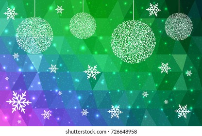 Light Pink Green vector low poly crystal background with snowflakes. Polygon christmas design pattern . Low poly illustration of New Year celebration.