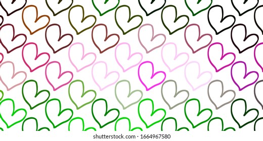 Light Pink, Green vector pattern with colorful hearts. Decorative shining illustration with hearts on abstract template. Design for ad, poster, banner of Valentine Day.