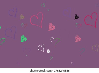 Light Pink, Green vector pattern with colorful hearts. Illustration with shapes of gradient hearts on blur backdrop. Pattern for carnival, festival romantic leaflets.