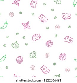 Light Pink, Green vector seamless cover with cuisine gourmet. Blurred decorative design of snacks in doodle style. Pattern for ad, booklets, leaflets of restaurants.