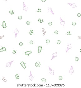 Light Pink, Green vector seamless texture with delicious snacks. Glitter abstract sketch with gourmet food. Pattern for menu of cafes, bars, restaurants.