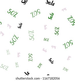 Light Pink, Green vector seamless pattern with 50 percentage signs. Illustration with signs of sales on abstract template. Backdrop for super sales on Black Friday.