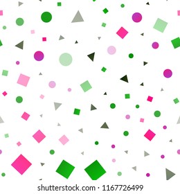 Light Pink, Green vector seamless pattern in polygonal style with circles. Abstract illustration with colorful dots, lines, cubes. Trendy design for wallpaper, fabric makers.