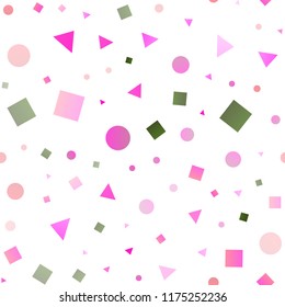 Light Pink, Green vector seamless background with triangles, circles, cubes. Illustration with colorful circles, triangles, rectangles. Pattern for design of fabric, wallpapers.