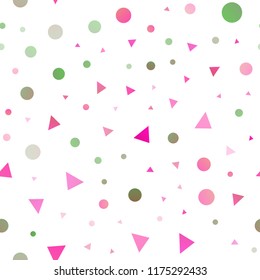 Light Pink, Green vector seamless template with crystals, circles. Modern abstract illustration with colorful dots, lines. Pattern for design of window blinds, curtains.
