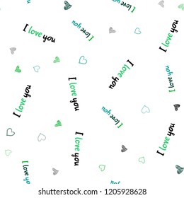 Light Pink, Green vector seamless template with doodle hearts. Glitter abstract illustration with colorful hearts in romantic style. Pattern for carnival, festival romantic leaflets.