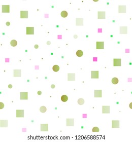 Light Pink, Green vector seamless layout with circle spots, cubes. Glitter abstract illustration with cubes, circles. Design for textile, fabric, wallpapers.